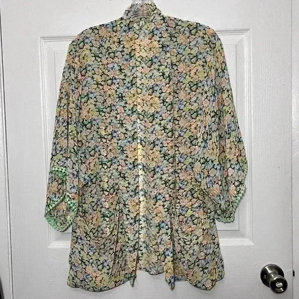 LESHOP Women’s Neon Floral Open Front Kimono | size Small